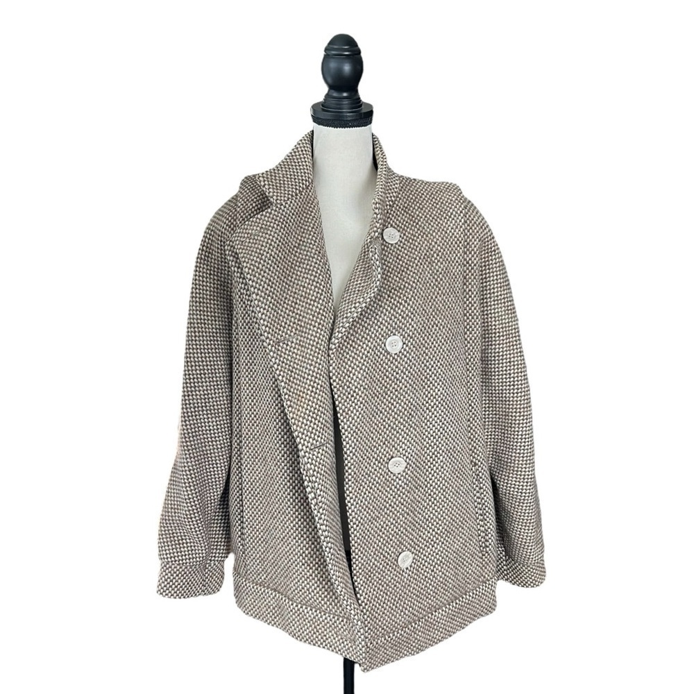 Gallery Tweed Neutral Car Jacket Coat Shoulder Pad 80's Pleated VINTAGE